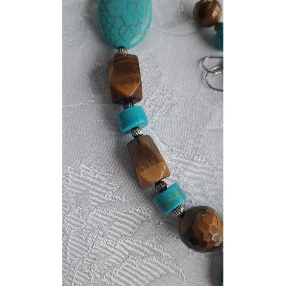 Fashion Jewelry Set Necklace Earrings Tiger Eye Turquoise Howlite Adjustable